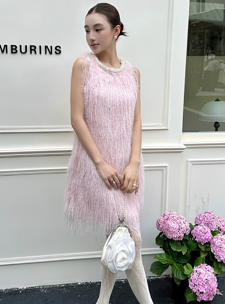 【dress】パール付きフリンジミニワンピース　K0592