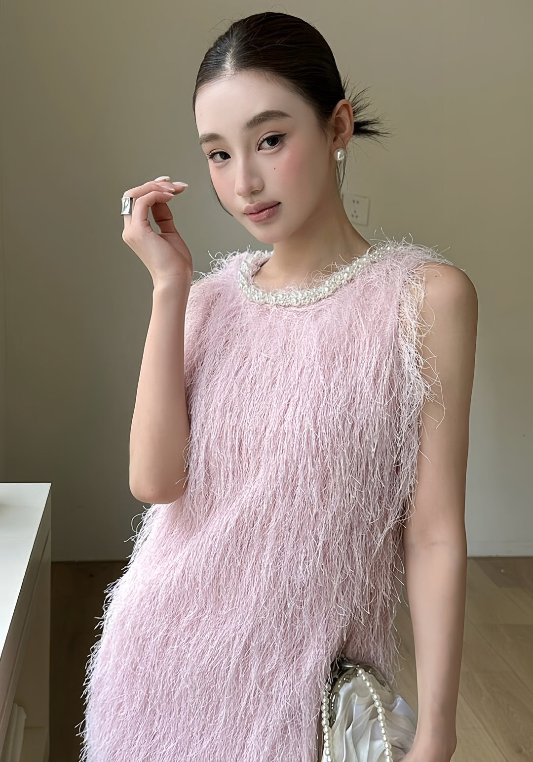【dress】パール付きフリンジミニワンピース　K0592