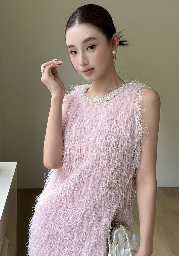 【dress】パール付きフリンジミニワンピース　K0592