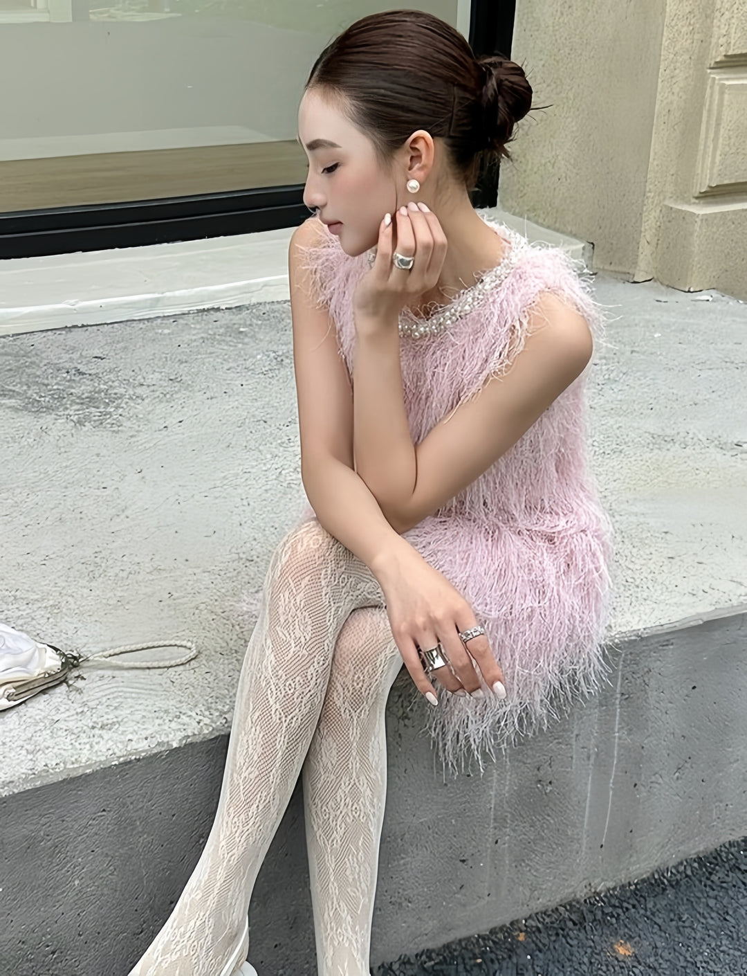 【dress】パール付きフリンジミニワンピース　K0592
