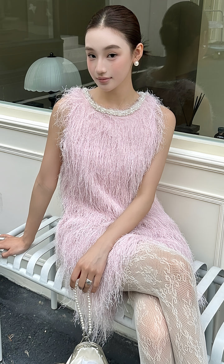 【dress】パール付きフリンジミニワンピース　K0592