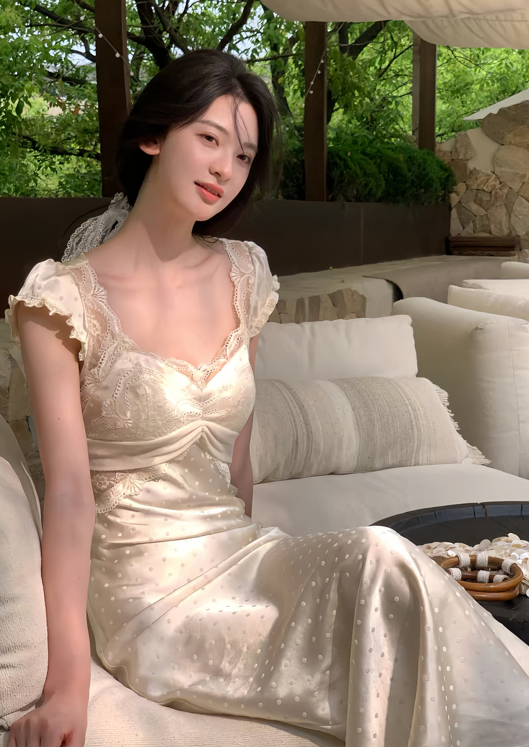 【dress】レースドット柄ロングワンピース　K0598