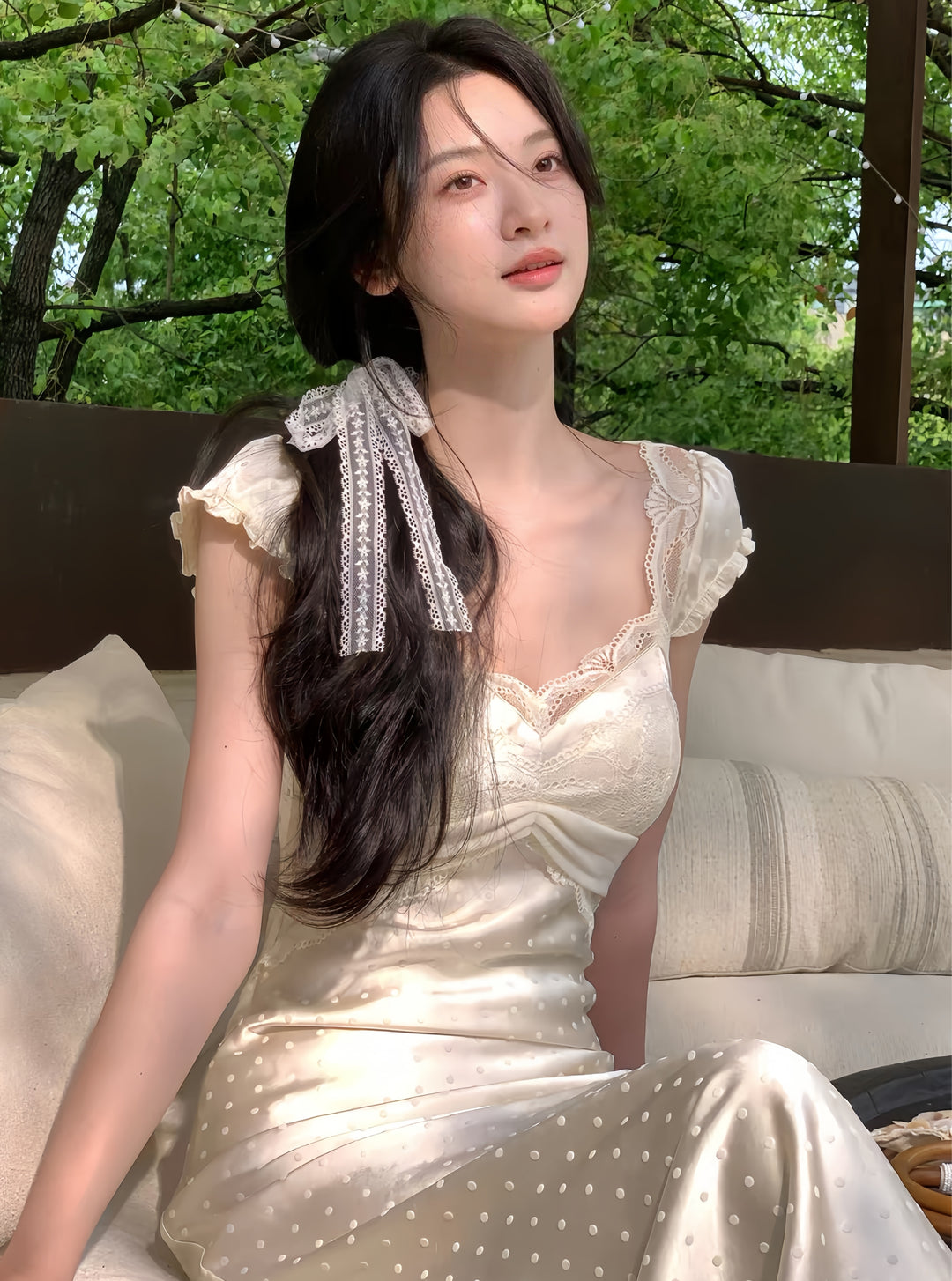 【dress】レースドット柄ロングワンピース　K0598