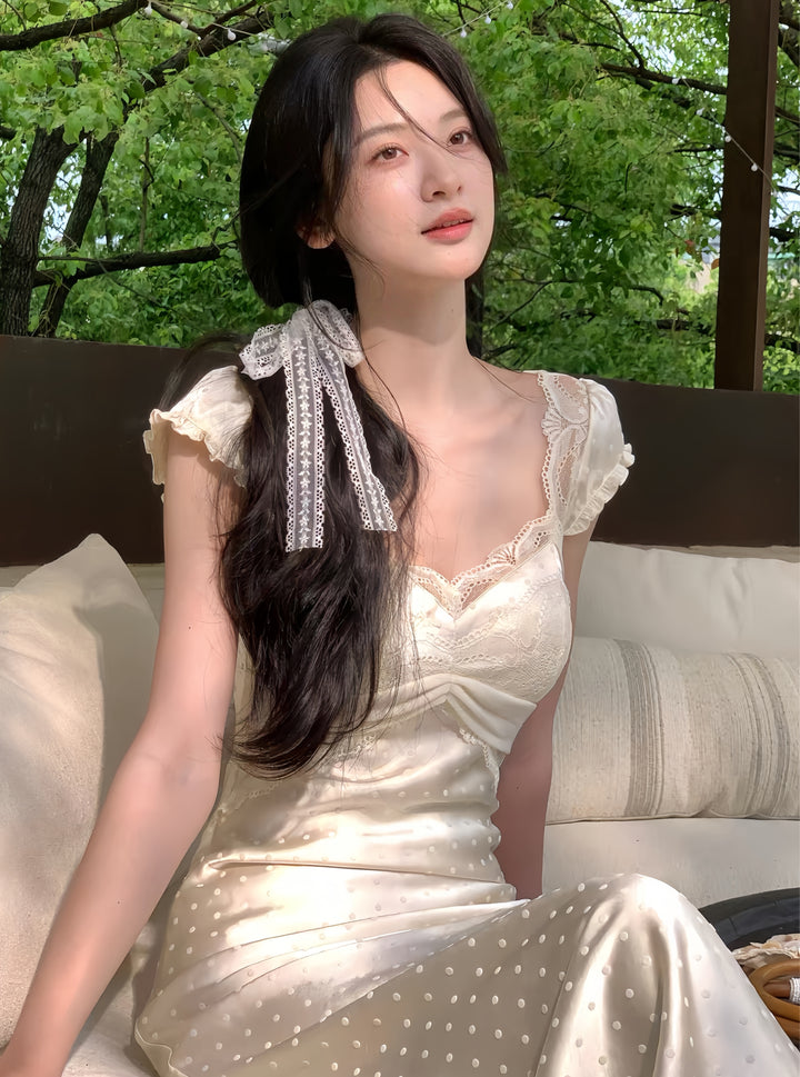 【dress】レースドット柄ロングワンピース　K0598