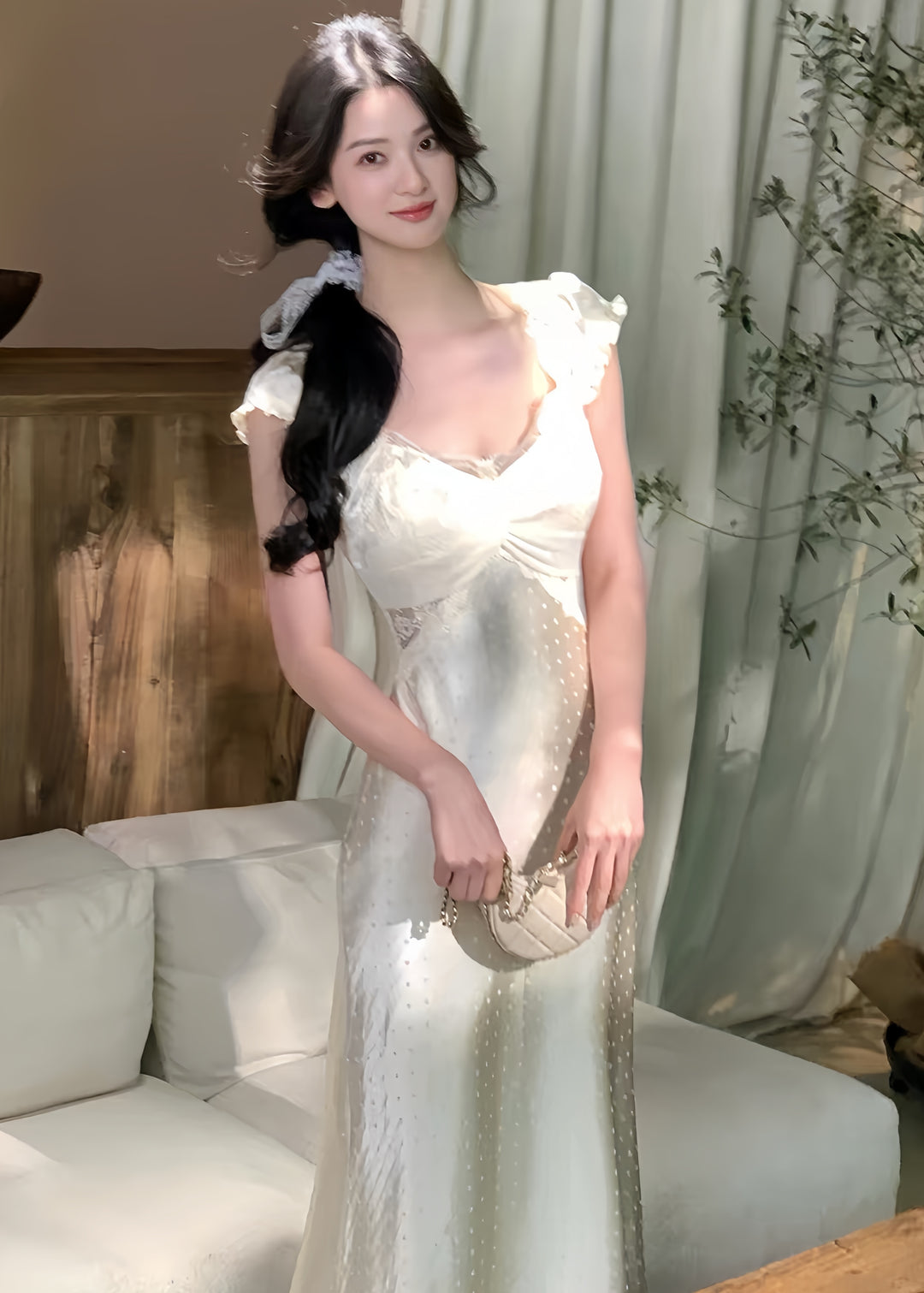 【dress】レースドット柄ロングワンピース　K0598