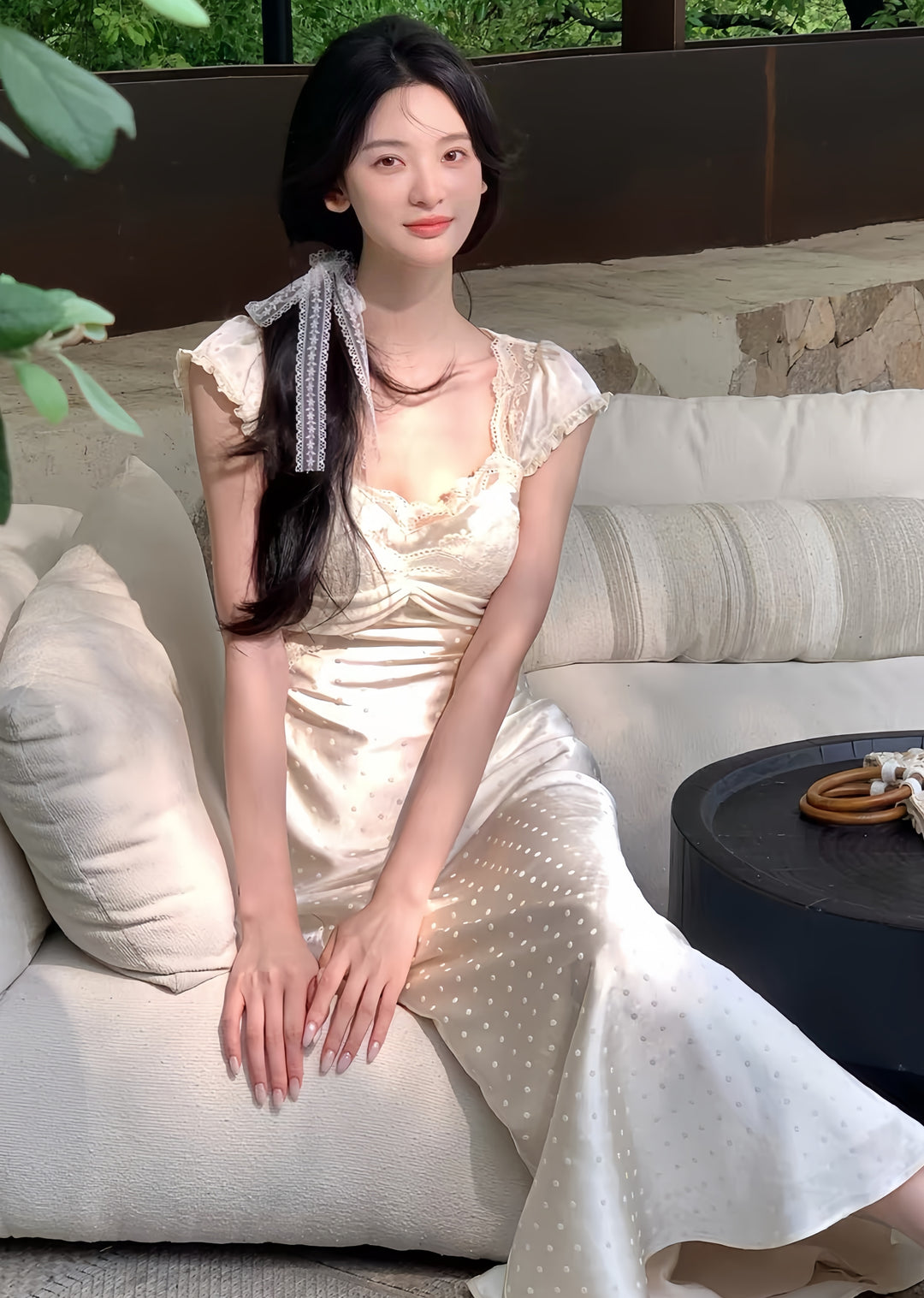 【dress】レースドット柄ロングワンピース　K0598