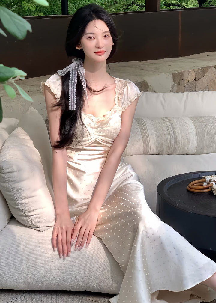 【dress】レースドット柄ロングワンピース　K0598