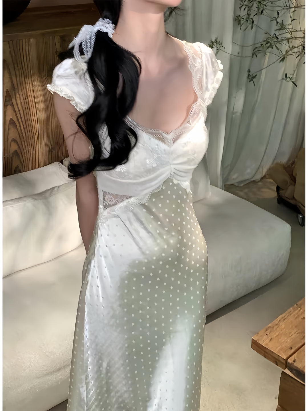 【dress】レースドット柄ロングワンピース　K0598