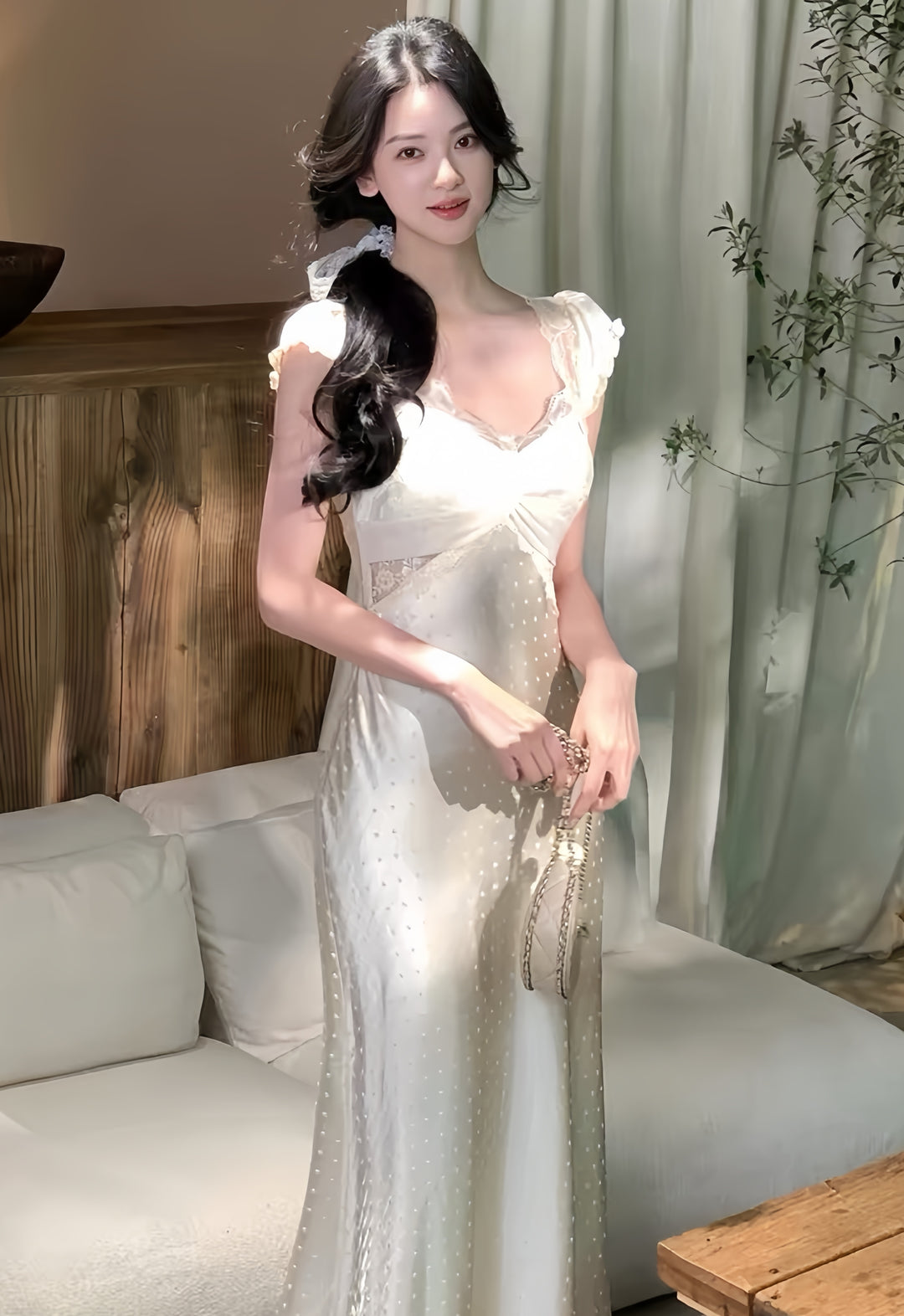 【dress】レースドット柄ロングワンピース　K0598