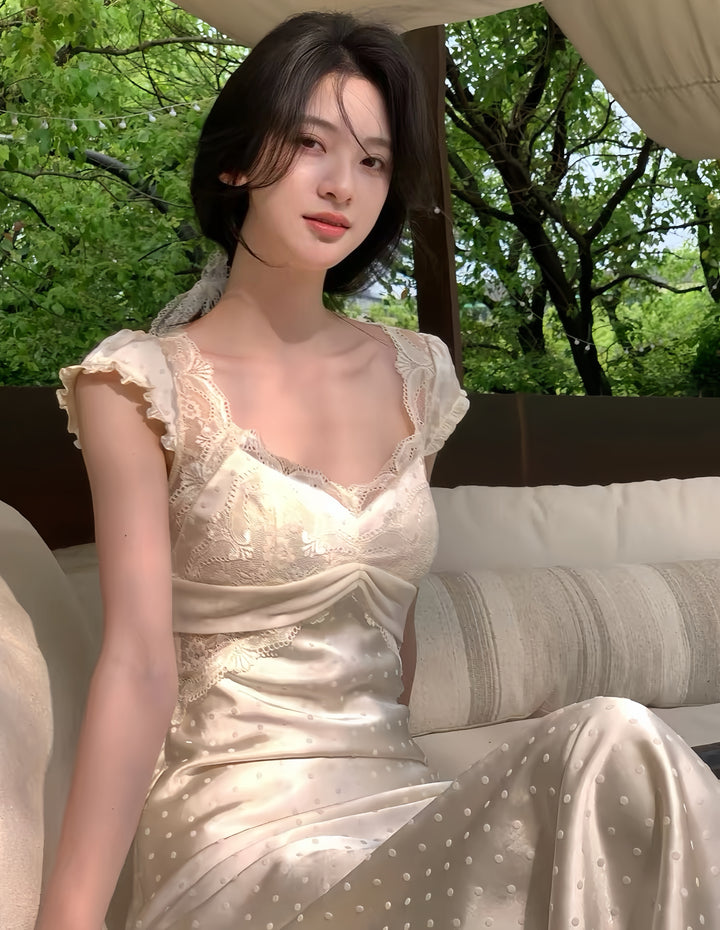 【dress】レースドット柄ロングワンピース　K0598
