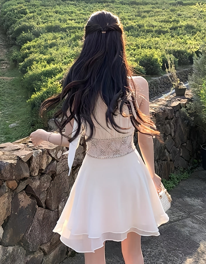 【dress】ウエストレースビジューミニワンピース　K0600