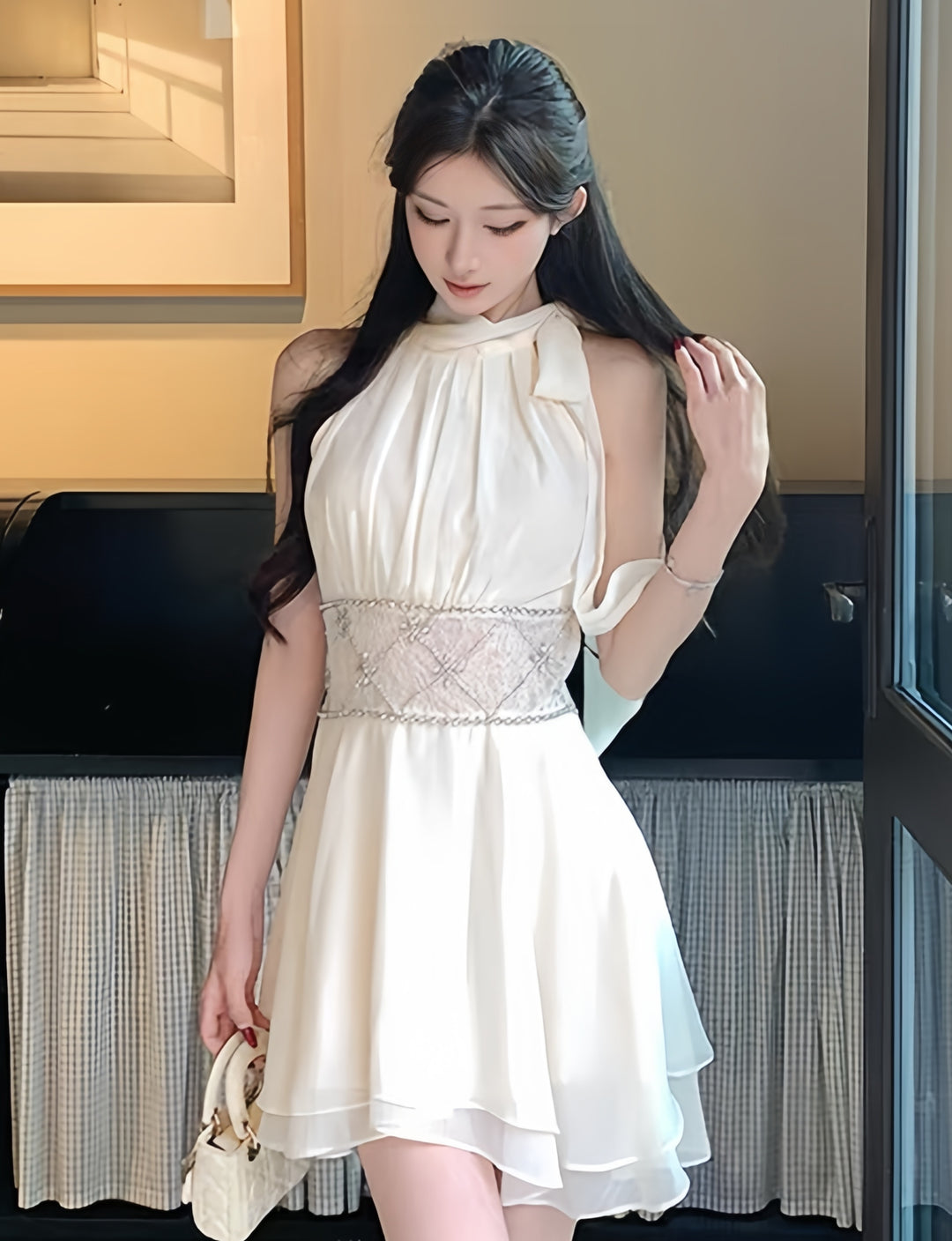 【dress】ウエストレースビジューミニワンピース　K0600