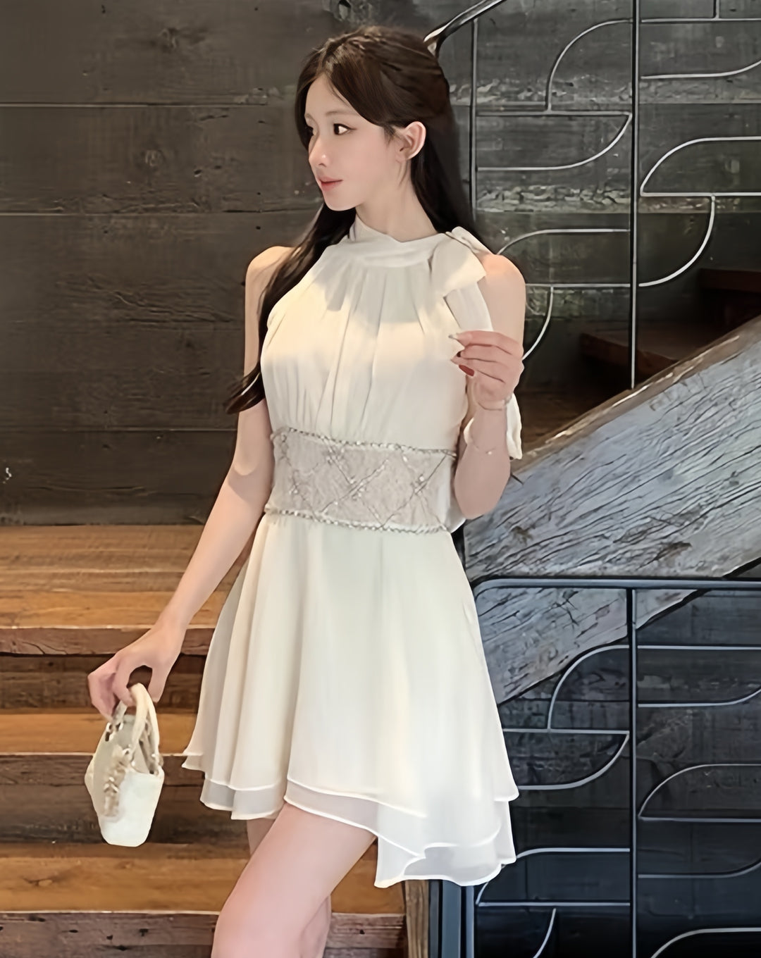 【dress】ウエストレースビジューミニワンピース　K0600