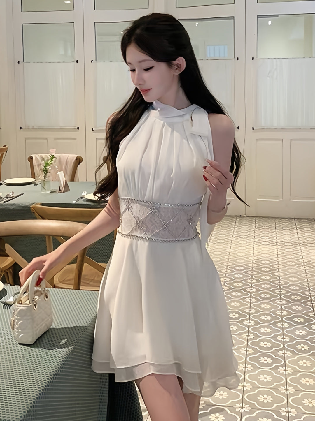 【dress】ウエストレースビジューミニワンピース　K0600