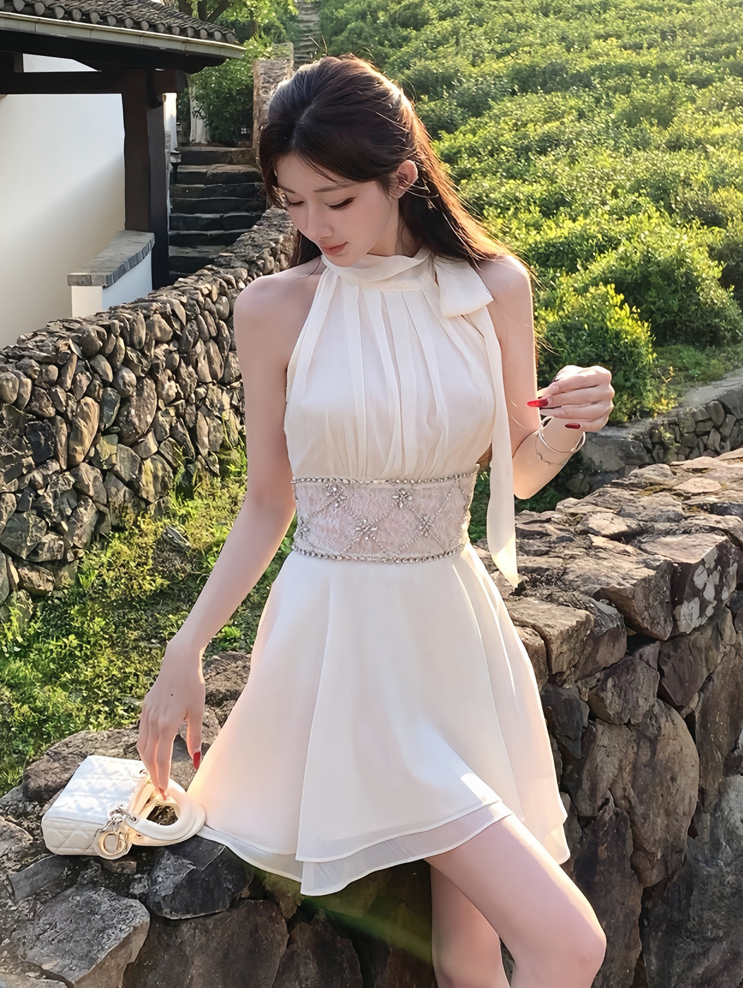 【dress】ウエストレースビジューミニワンピース　K0600