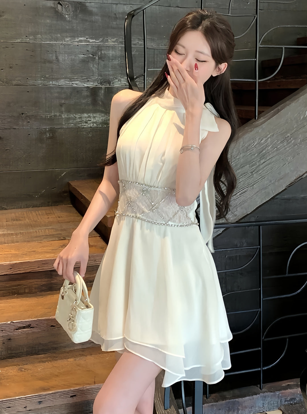 【dress】ウエストレースビジューミニワンピース　K0600