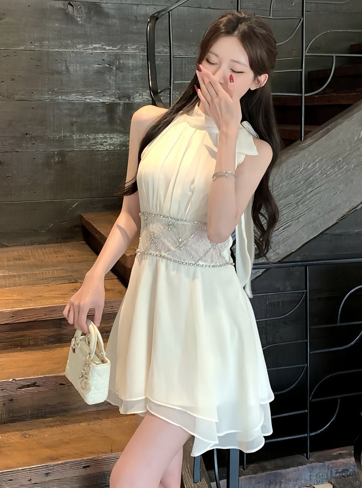 【dress】ウエストレースビジューミニワンピース　K0600
