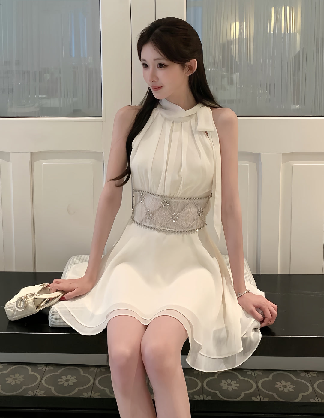 【dress】ウエストレースビジューミニワンピース　K0600
