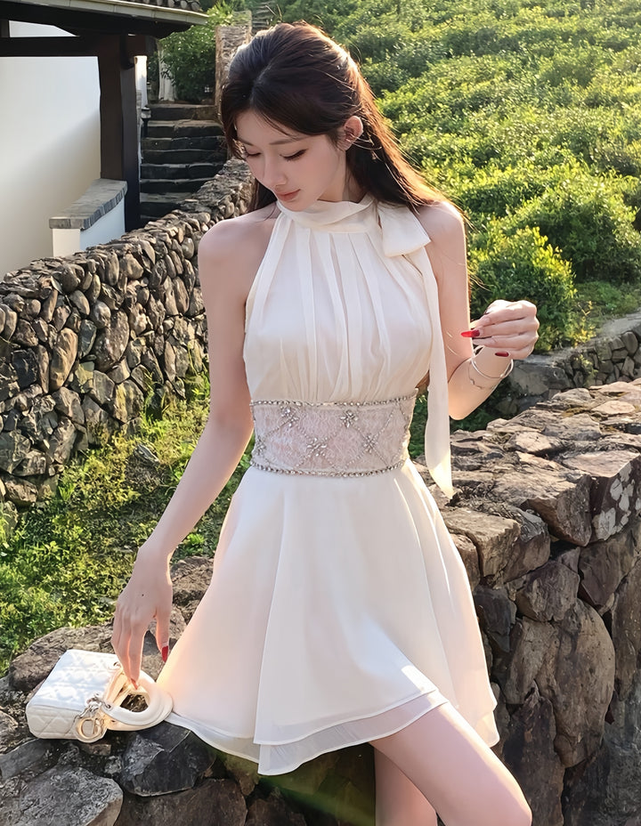 【dress】ウエストレースビジューミニワンピース　K0600