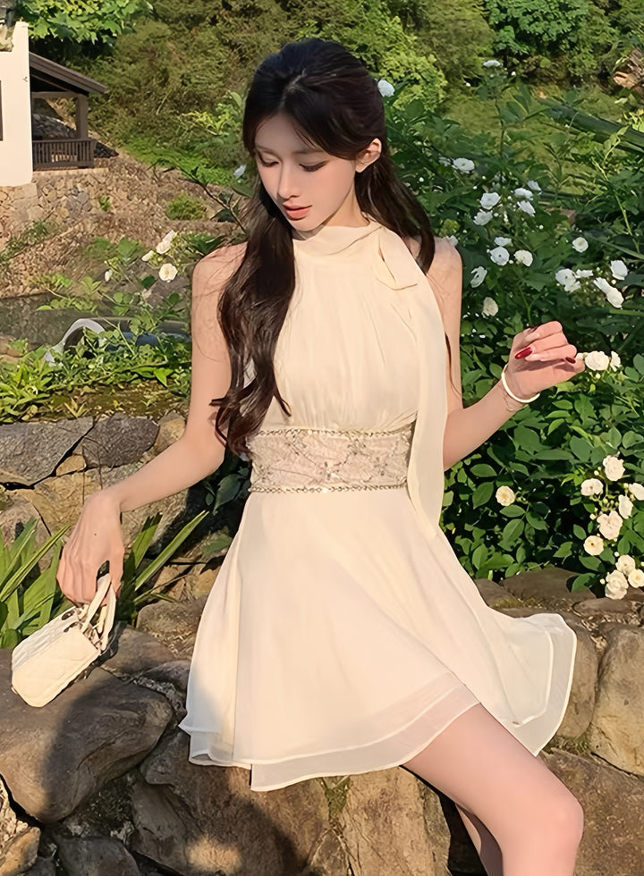 【dress】ウエストレースビジューミニワンピース　K0600