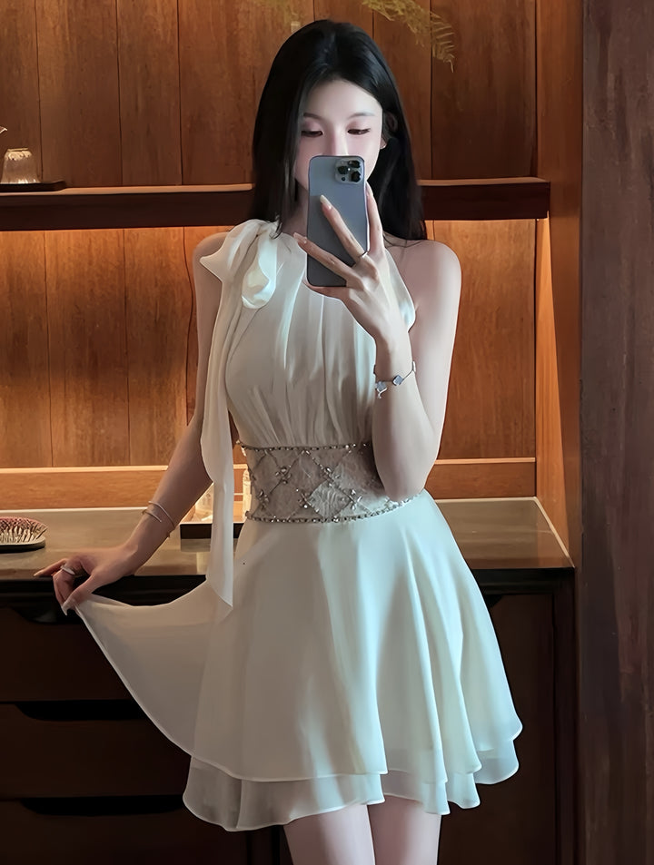【dress】ウエストレースビジューミニワンピース　K0600