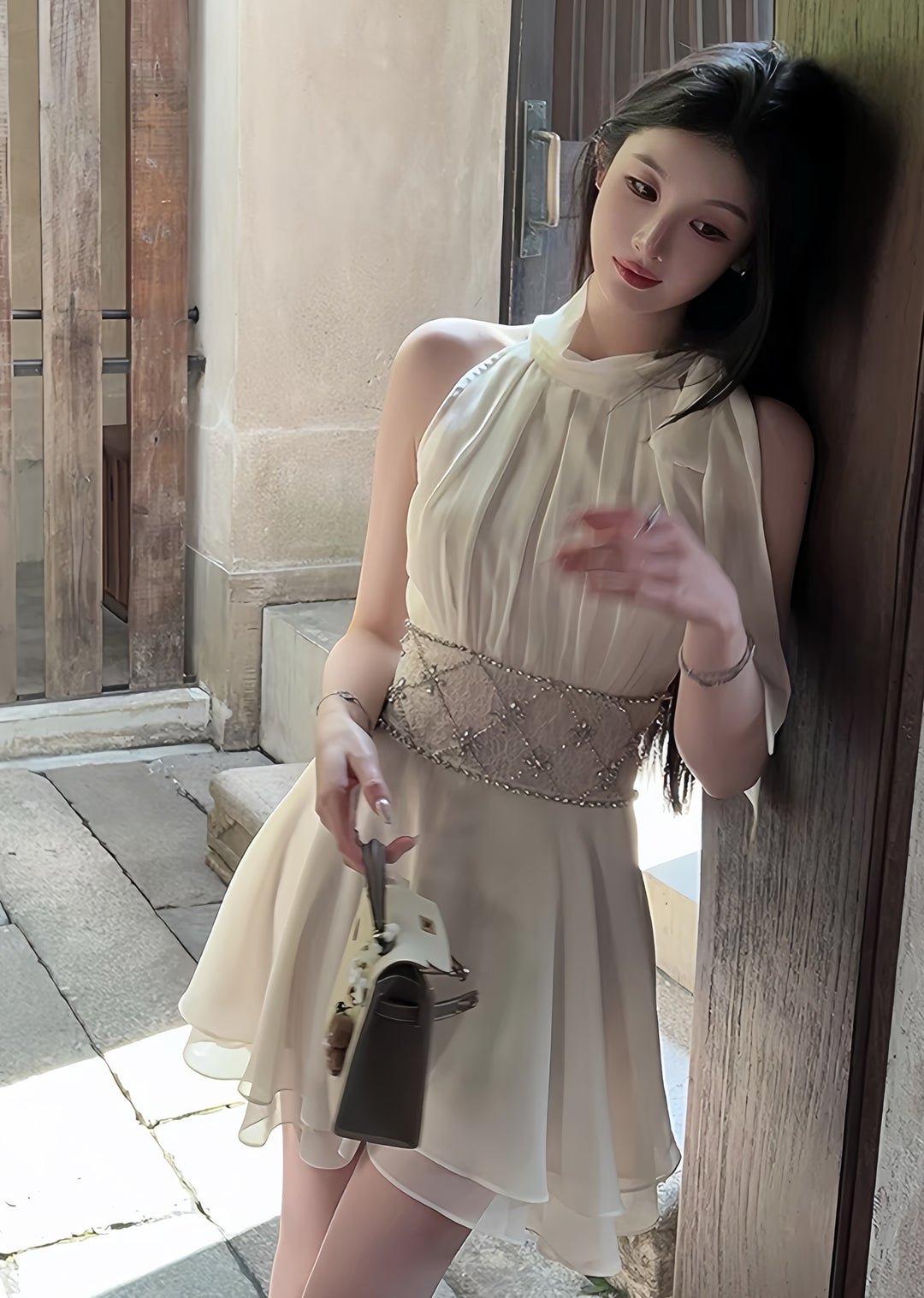 【dress】ウエストレースビジューミニワンピース　K0600