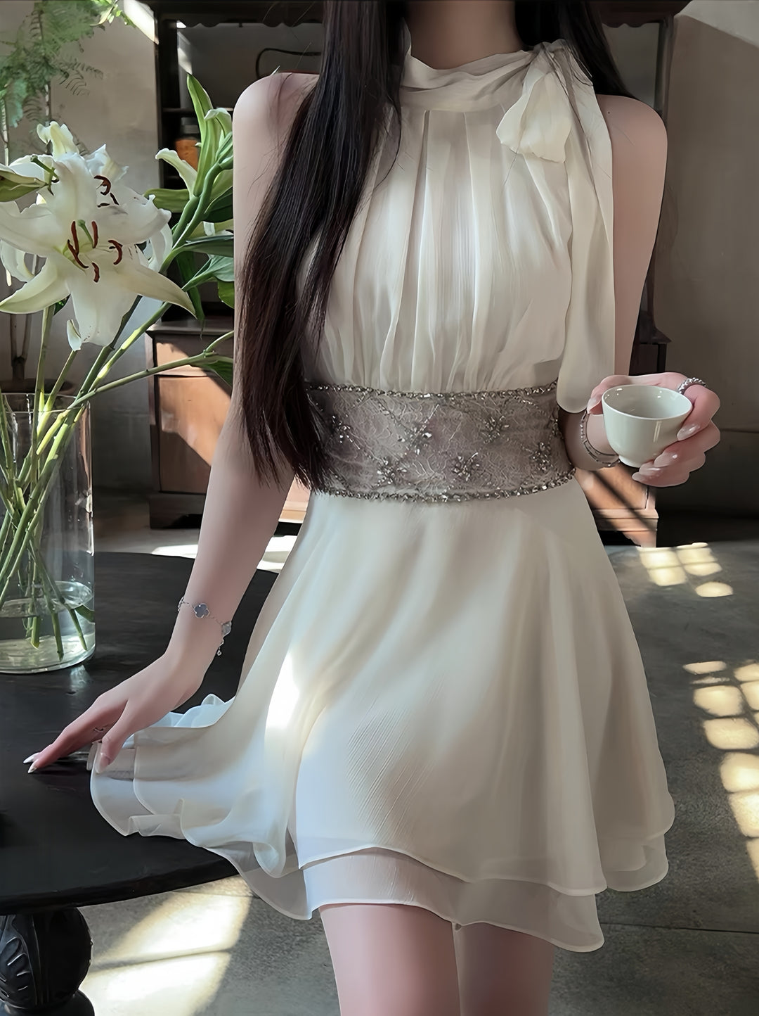 【dress】ウエストレースビジューミニワンピース　K0600