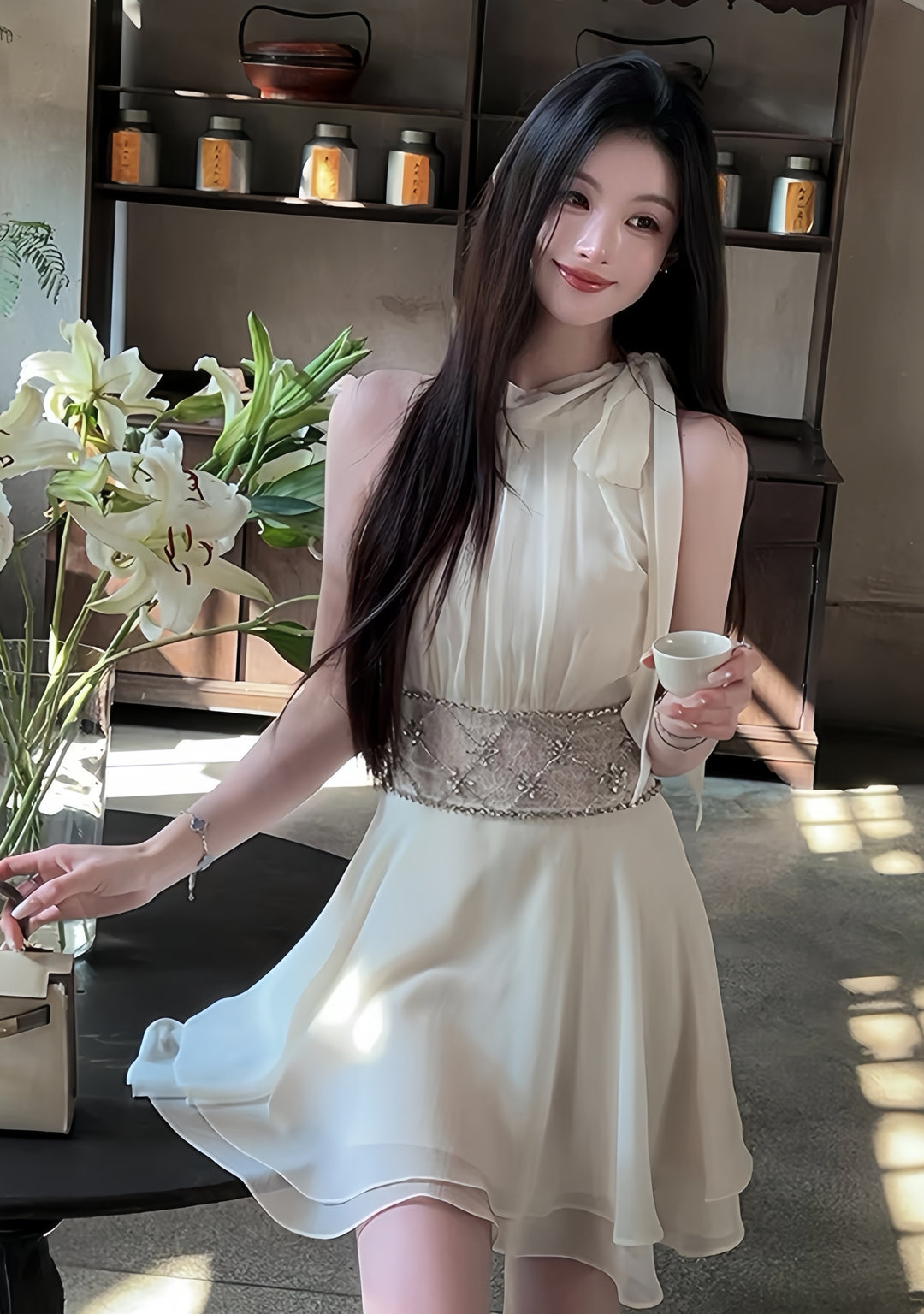 【dress】ウエストレースビジューミニワンピース　K0600