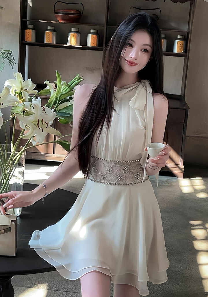 【dress】ウエストレースビジューミニワンピース　K0600