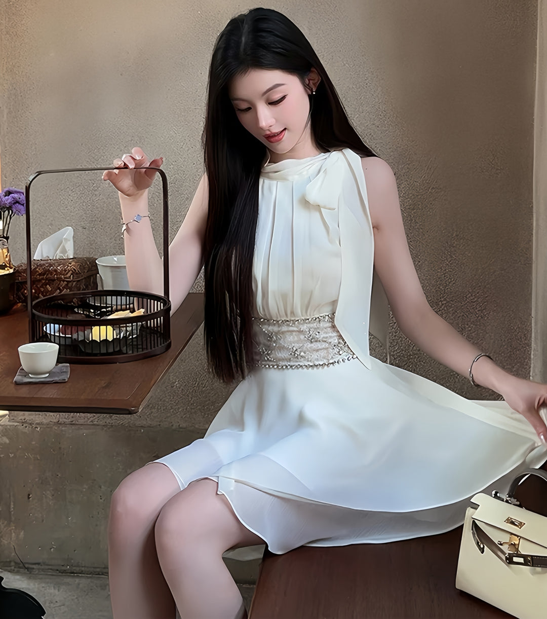 【dress】ウエストレースビジューミニワンピース　K0600