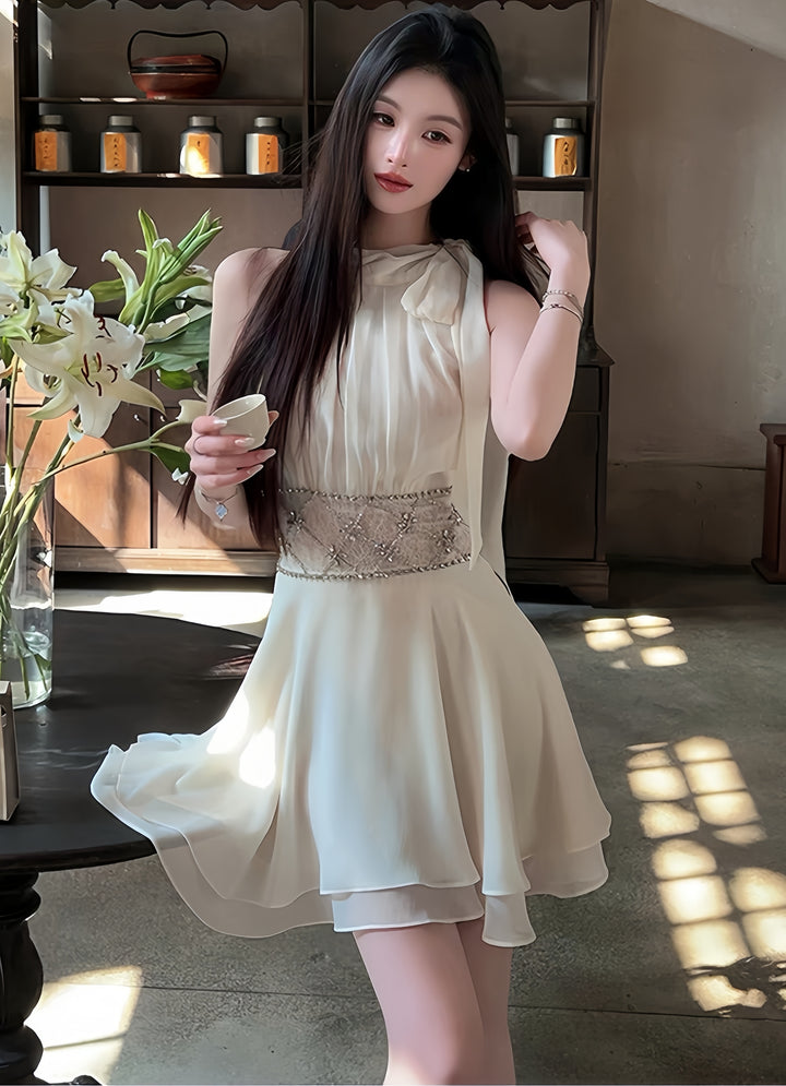 【dress】ウエストレースビジューミニワンピース　K0600