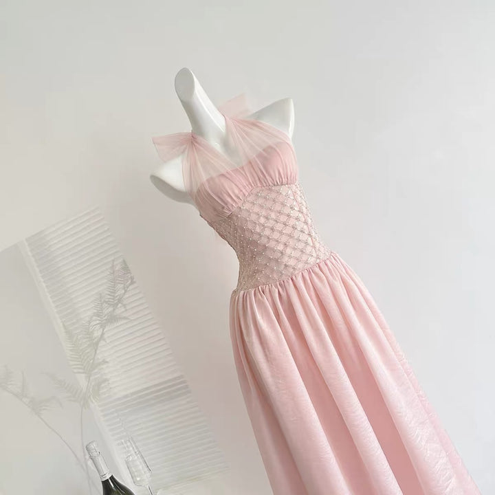 【dress】ウエストパールホルターネックロングワンピース　N3677