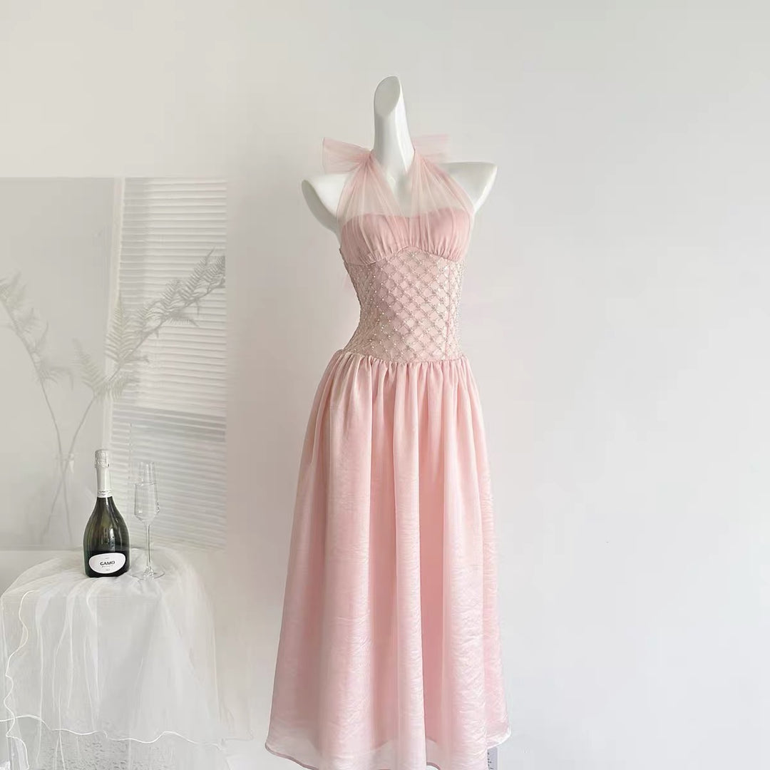 【dress】ウエストパールホルターネックロングワンピース　N3677
