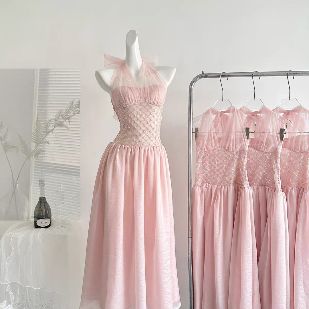【dress】ウエストパールホルターネックロングワンピース　N3677