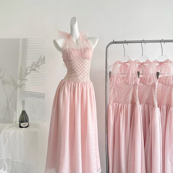 【dress】ウエストパールホルターネックロングワンピース　N3677