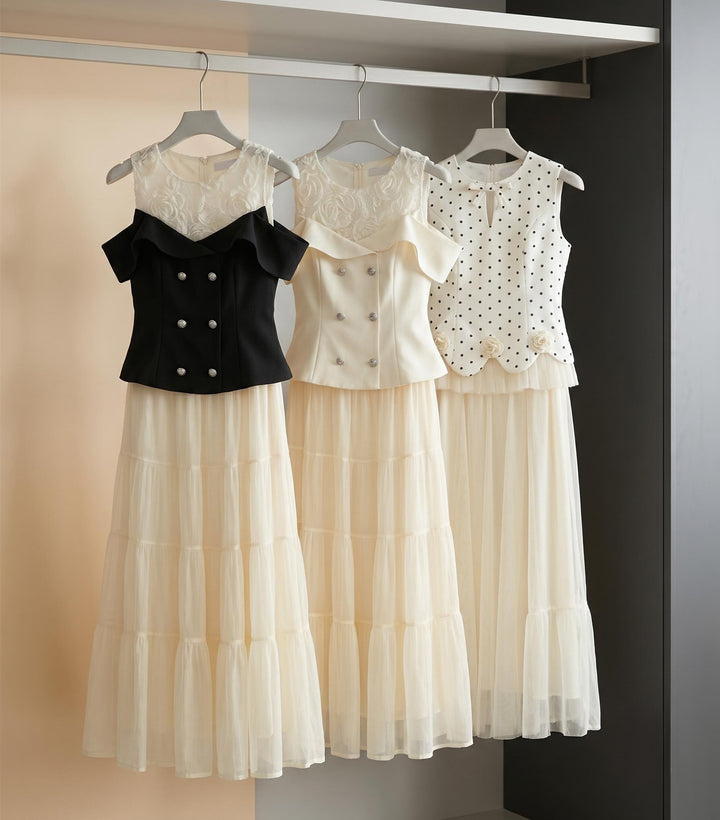 【set】レースドッキングフリルトップス×ロングスカートセット   N3678