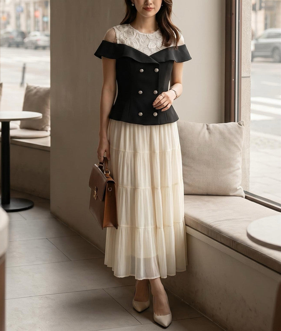 【set】レースドッキングフリルトップス×ロングスカートセット   N3678