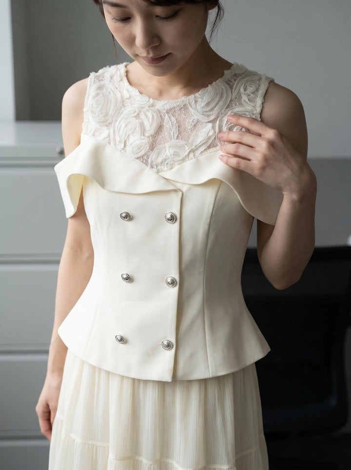 【set】レースドッキングフリルトップス×ロングスカートセット   N3678