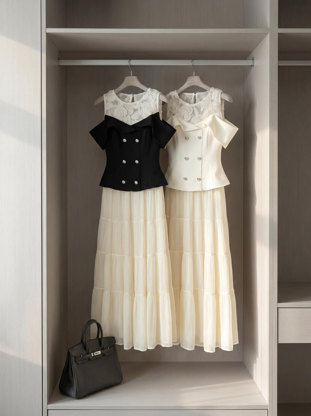 【set】レースドッキングフリルトップス×ロングスカートセット   N3678
