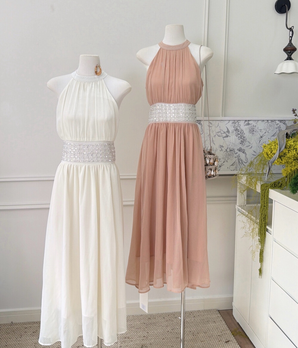 【dress】ウエストパールホルターネックロングワンピース　N3679