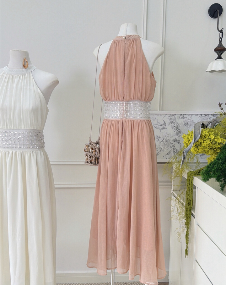 【dress】ウエストパールホルターネックロングワンピース　N3679