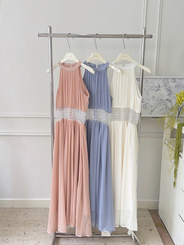 【dress】ウエストパールホルターネックロングワンピース　N3679