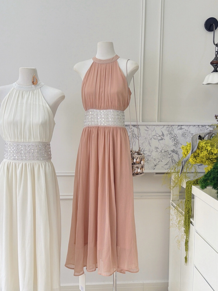 【dress】ウエストパールホルターネックロングワンピース　N3679