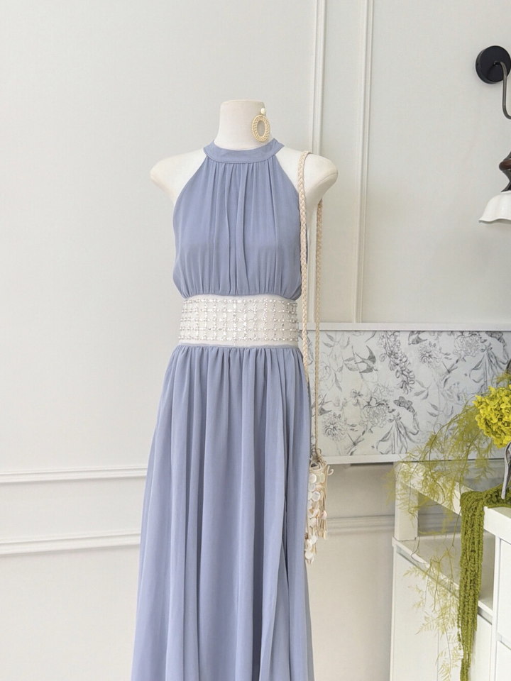 【dress】ウエストパールホルターネックロングワンピース　N3679