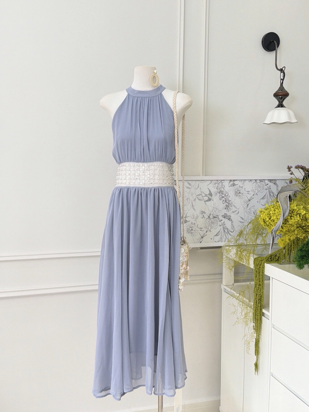 【dress】ウエストパールホルターネックロングワンピース　N3679