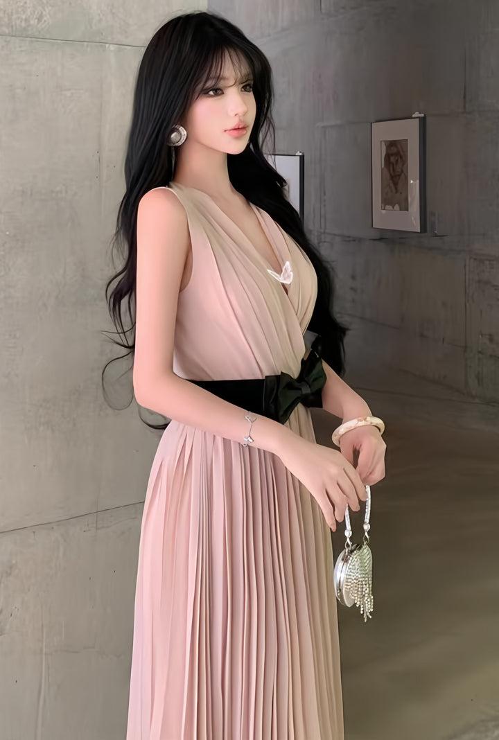 【dress】リボンプリーツロングワンピース　K0601