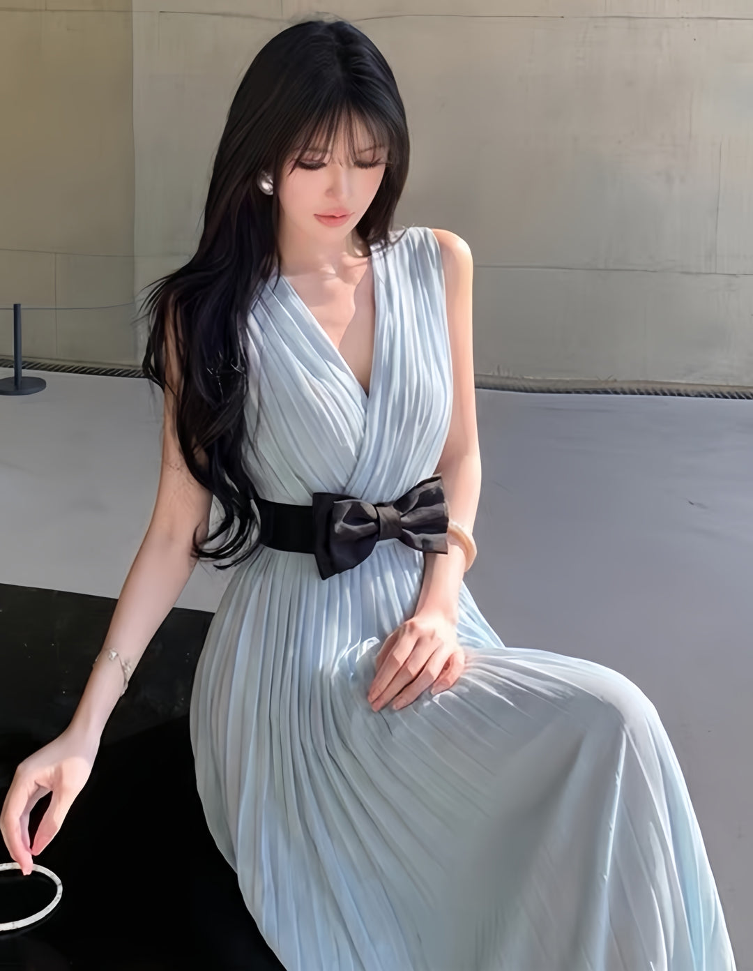 【dress】リボンプリーツロングワンピース　K0601