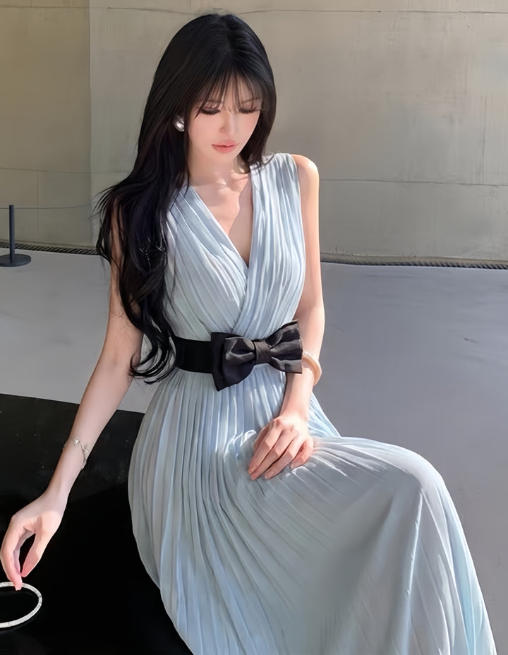【dress】リボンプリーツロングワンピース　K0601