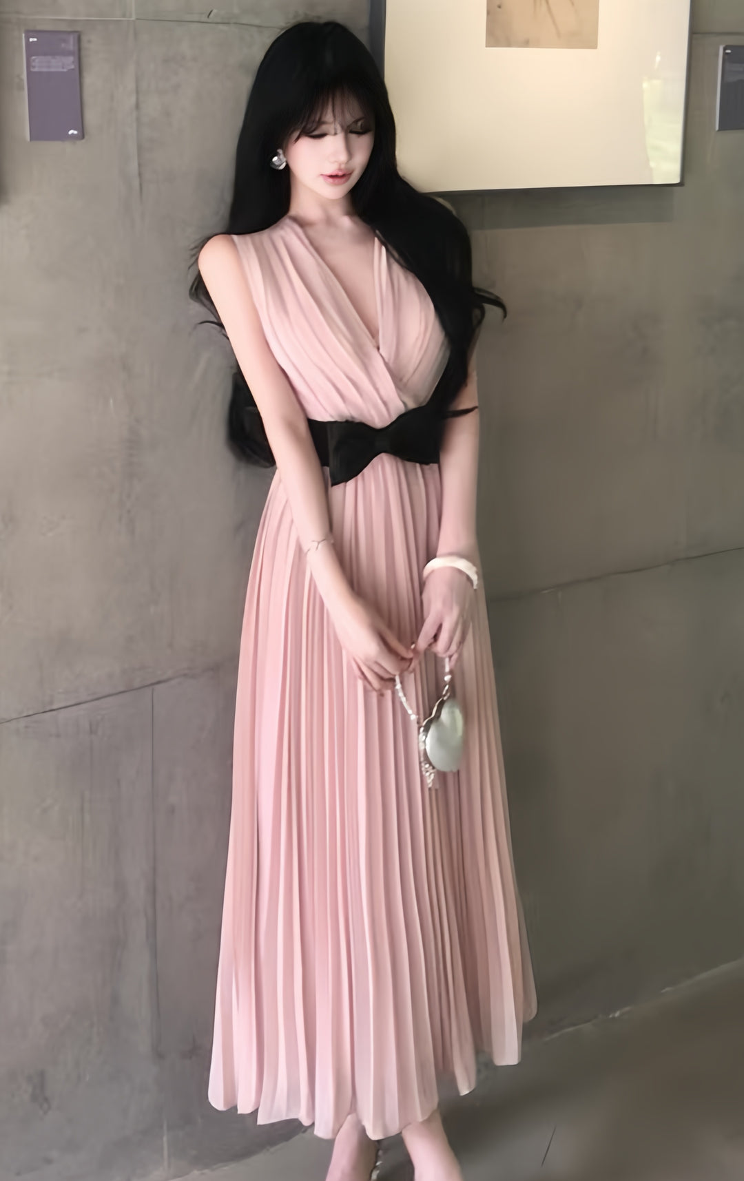【dress】リボンプリーツロングワンピース　K0601