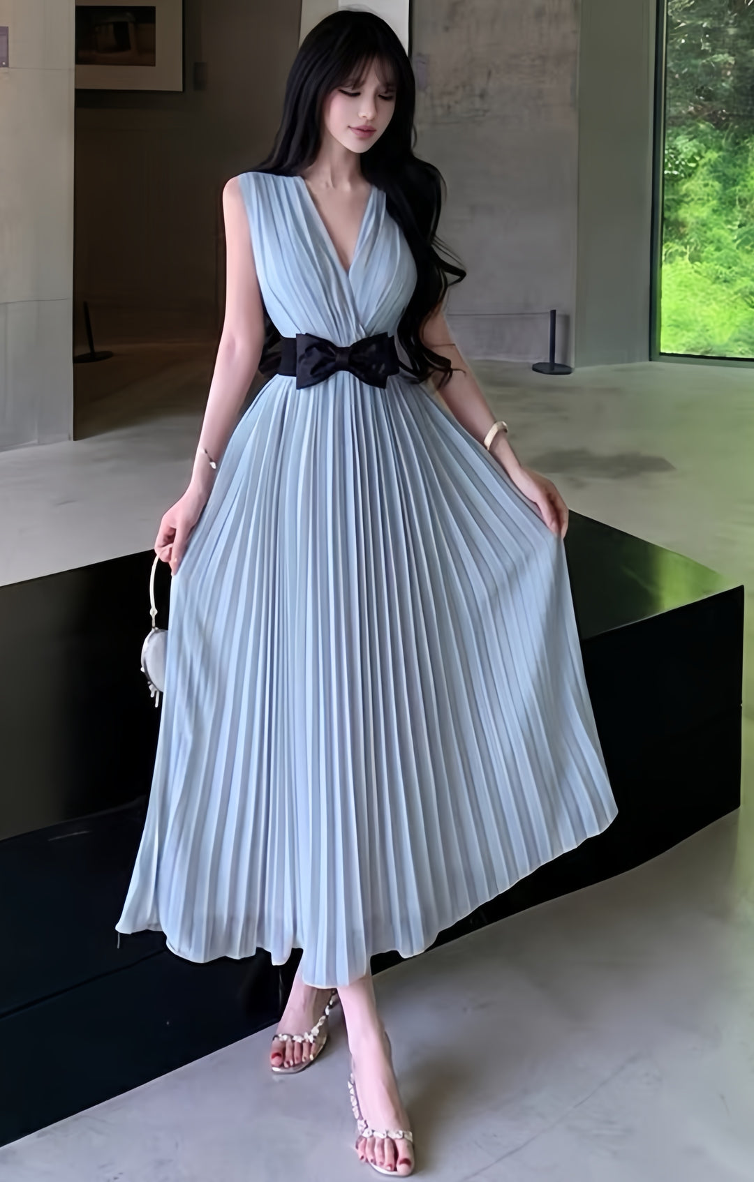 【dress】リボンプリーツロングワンピース　K0601